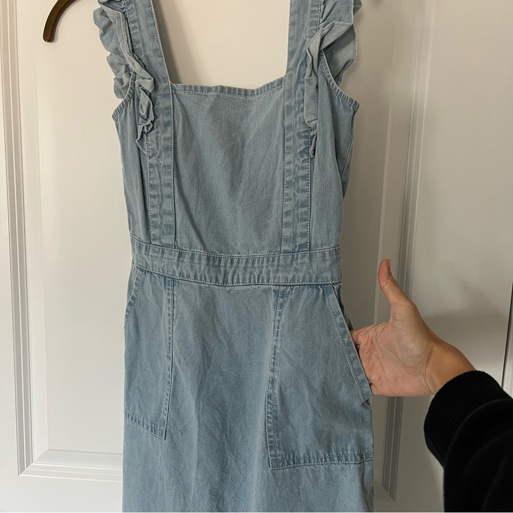 Japna Ruffled Sleeve Denim Chambray Mini Dress with Pockets - Size XS - Picture 3 of 6